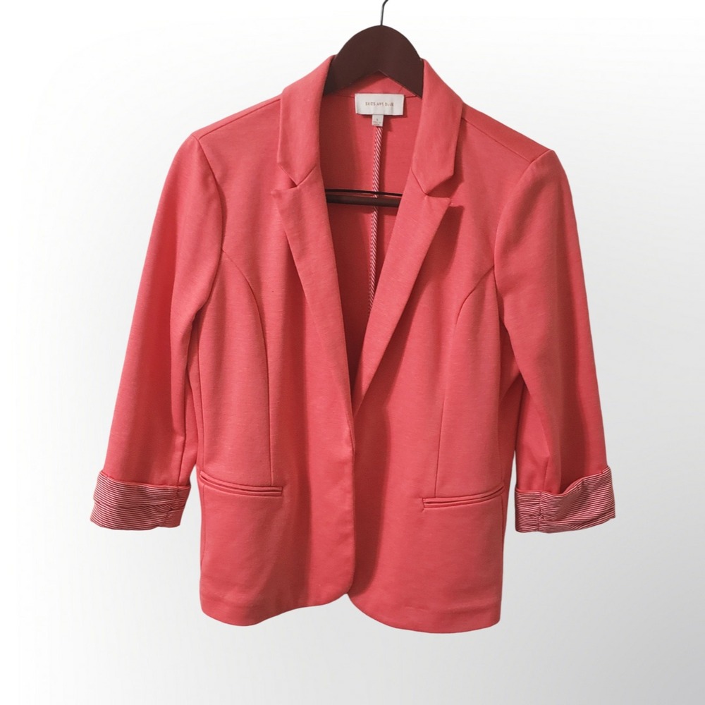 Skies Are Blue Womens Coral‎ Pink Open Front Blazer Size S Striped Cuffed Sleeve